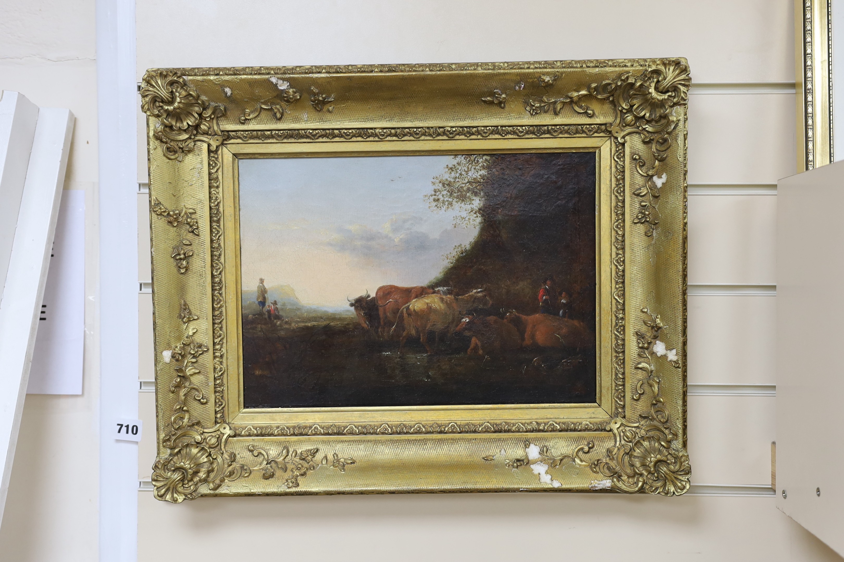 After Aelbert Cuyp (1620-1691), oil on canvas, Cattle in a bucolic landscape, 25 x 35cm